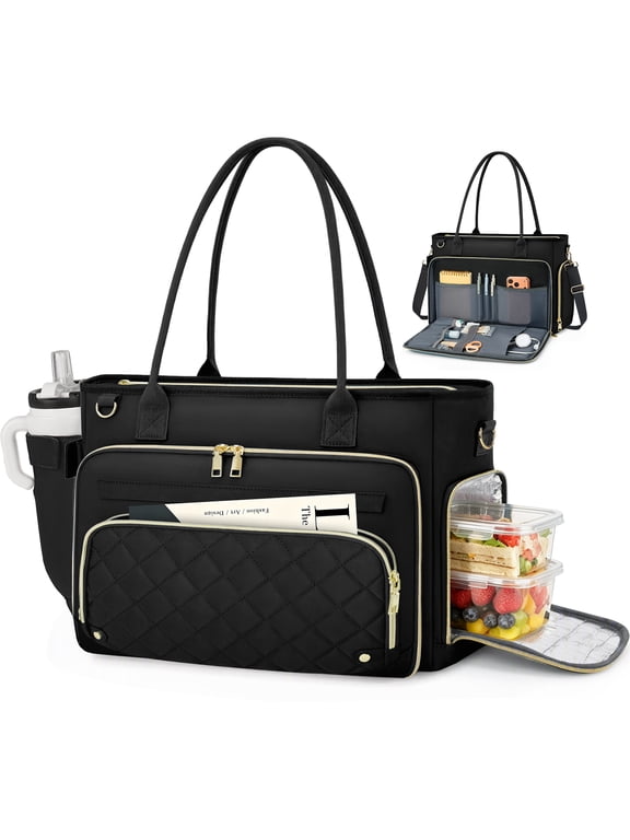 Teacher Tote Bag with Insulated Lunch Compartment 15.6 inch Laptop Bag for Women with Cup Holder Large Lunch Tote Briefcase Nurse Work Bags,Black