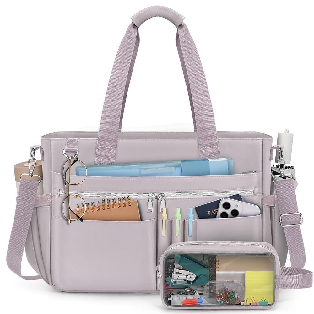 RAINSMORE Teacher Tote Bag for Women 15.6 Inch Laptop Briefcase with Clutch Bag, Nurse Bags Professional Work Handbag for Office College Nursing, Large Utility Tote Messenger Shoulder Bag,Grey Pink