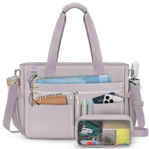 RAINSMORE Teacher Tote Bag for Women 15.6 Inch Laptop Briefcase with Clutch Bag, Nurse Bags Professional Work Handbag for Office College Nursing, Large Utility Tote Messenger Shoulder Bag,Grey Pink