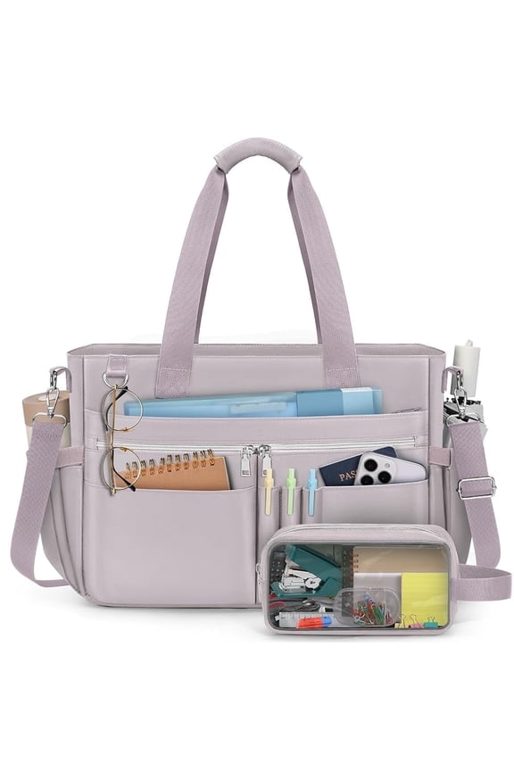 Teacher Tote Bag for Women 15.6 Inch Laptop Briefcase with Clutch Bag, Nurse Bags Professional Work Handbag for Office College Nursing, Large Utility Tote Messenger Shoulder Bag,Grey Pink