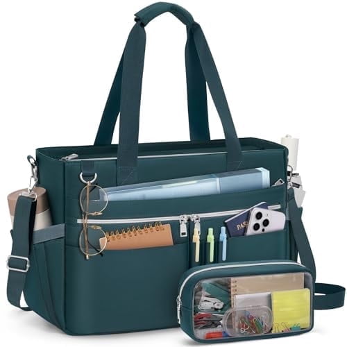 RAINSMORE Teacher Tote Bag for Women 15.6 Inch Laptop Briefcase with Clutch Bag, Nurse Bags Professional Work Handbag for Office College Nursing, Large Utility Tote Messenger Shoulder Bag,Dark Green