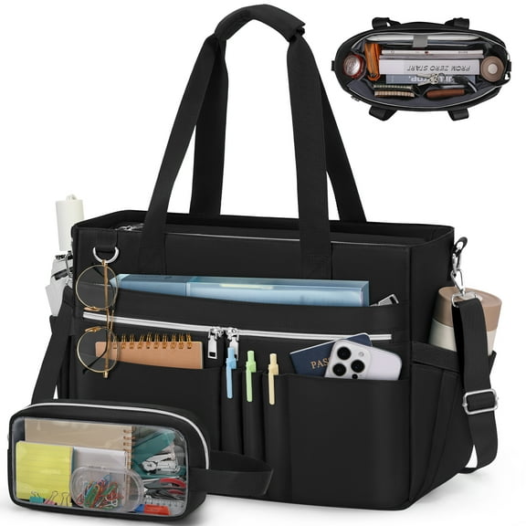 RAINSMORE Teacher Tote Bag for Women 15.6 Inch Laptop Briefcase with Clutch Bag, Nurse Bags Professional Work Handbag for Office College Nursing, Large Utility Tote Messenger Shoulder Bag,Black