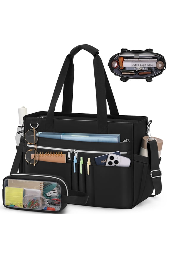 Teacher Tote Bag for Women 15.6 Inch Laptop Briefcase with Clutch Bag, Nurse Bags Professional Work Handbag for Office College Nursing, Large Utility Tote Messenger Shoulder Bag,Black