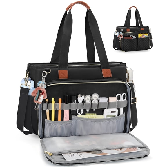 RAINSMORE Teacher Tote Bag for Women 15.6-Inch Laptop Tote Bag Large Capacity Work/Nurse Bag with Cup Holder Waterproof Handbag for School Office Business,Black