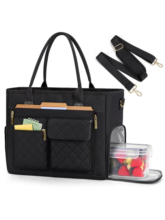 Teacher Tote Bag with Insulated Lunch Compartment Lightweight 15.6 inch Laptop Bag for Women Work Bags Nurse Tote Bags,Black