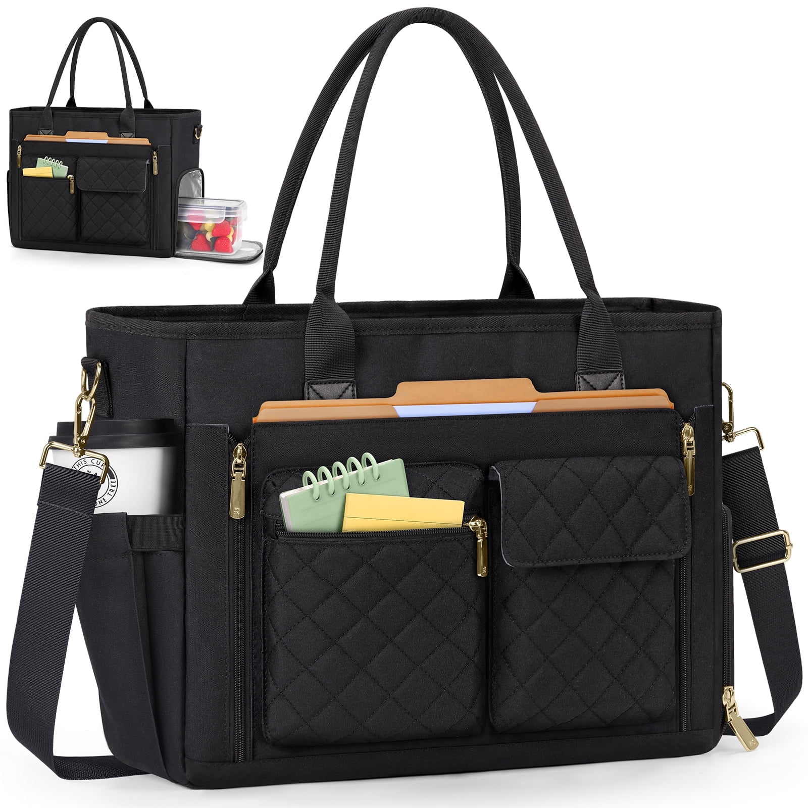 RAINSMORE Teacher Tote Bag with Insulated Lunch Compartment Lightweight 15.6 inch Laptop Bag for Women Work Bags Nurse Tote Bags,Black