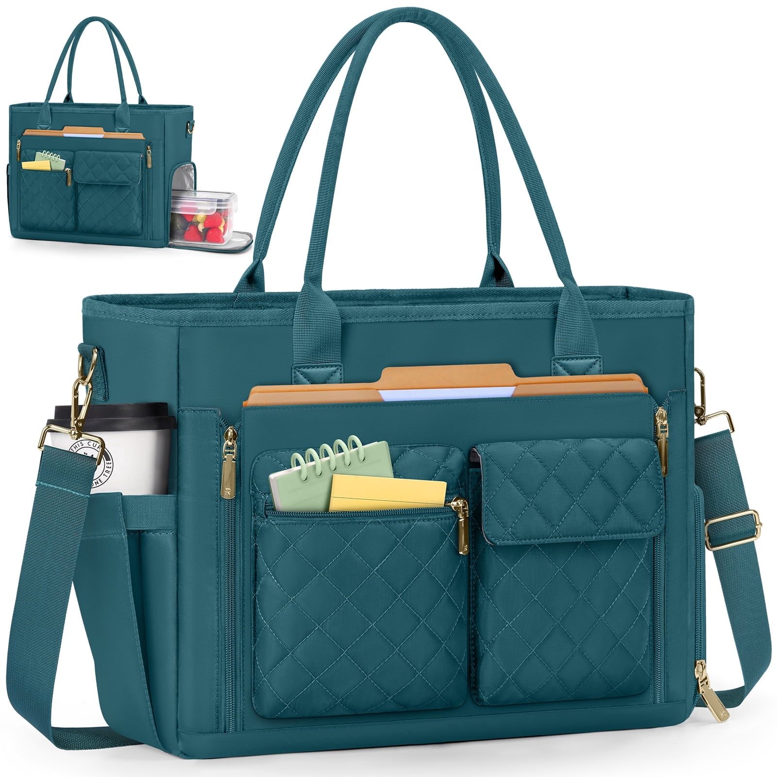 RAINSMORE Teacher Tote Bag with Insulated Lunch Compartment Lightweight 15.6 inch Laptop Bag for Women Work Bags Nurse Tote Bags,Green
