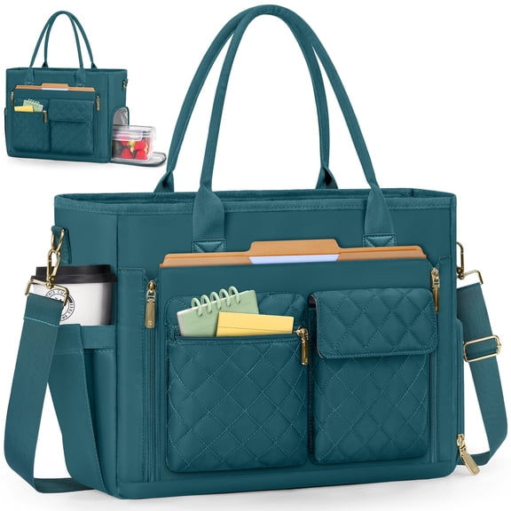 RAINSMORE Teacher Tote Bag with Insulated Lunch Compartment Lightweight 15.6 inch Laptop Bag for Women Work Bags Nurse Tote Bags,Green