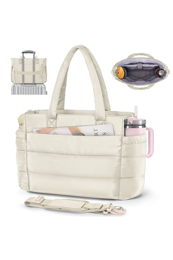RAINSMORE Tote Bag for Women with Cup Holder, 15.6 inch Quilted Laptop Handbag for Work Travel, Teacher Puffer Work Bag,Beige