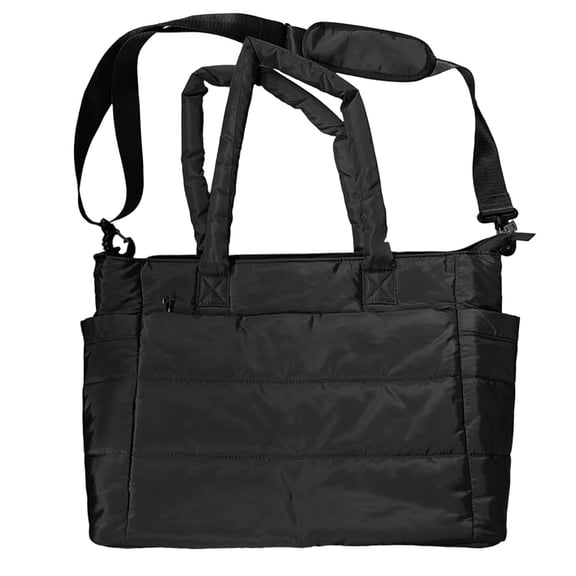 RAINSMORE Tote Bag for Women with Cup Holder, 15.6 inch Quilted Laptop Handbag for Work Travel, Teacher Puffer Work Bag,Black