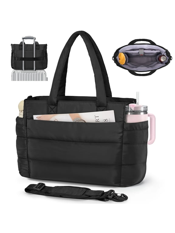 RAINSMORE Tote Bag for Women with Cup Holder, 15.6 inch Quilted Laptop Handbag for Work Travel, Teacher Puffer Work Bag,Black