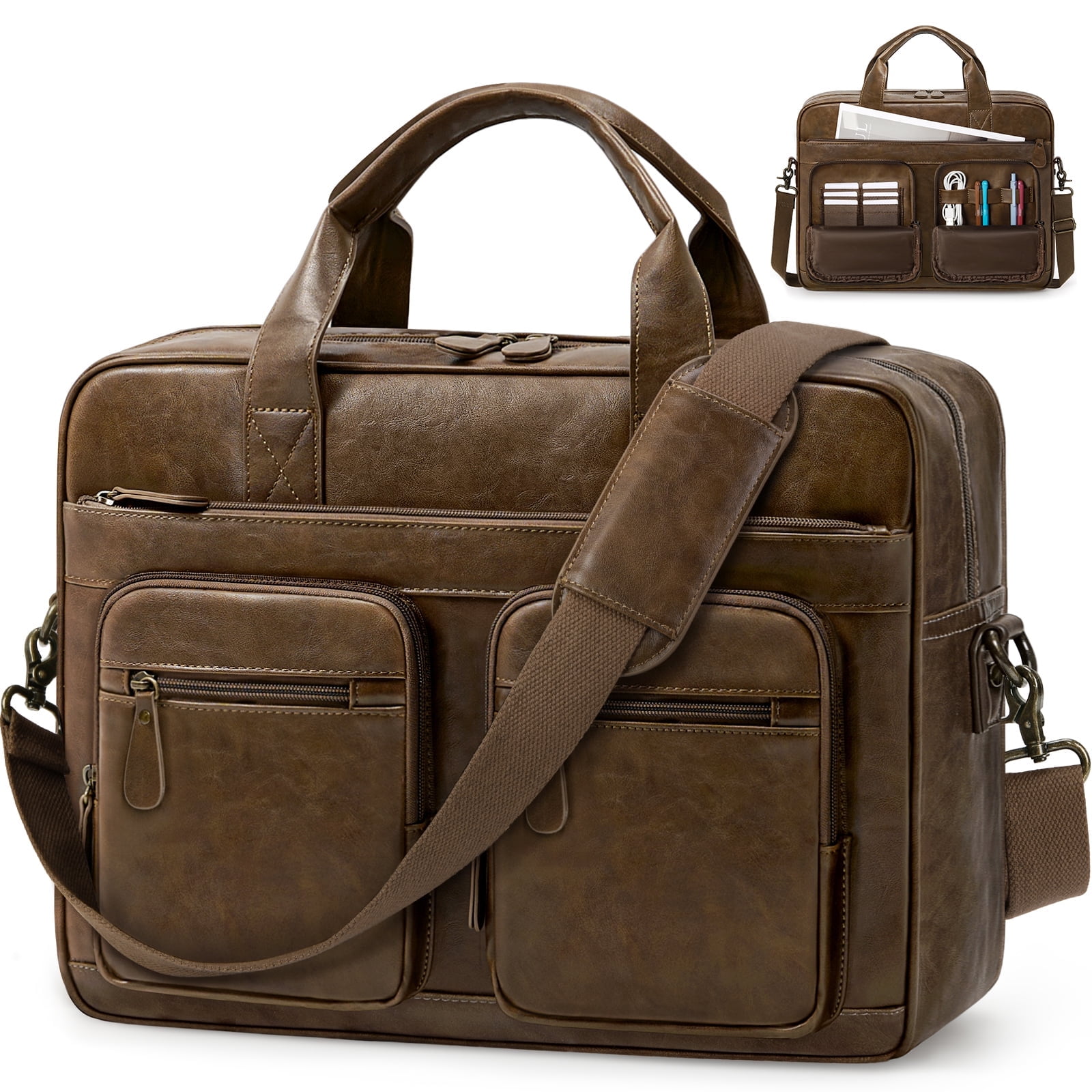 RAINSMORE Vintage Messenger Bag for Men PU Vegan Leather Computer Laptop Bag 15.6 Inch Waterproof Briefcases for Men Retro Mens Briefcase Satchel Bag for Work Office Business Travel,Brown