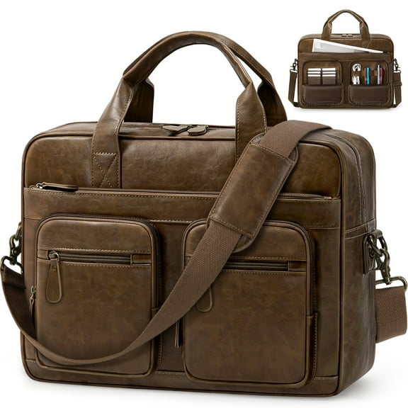 RAINSMORE Vintage Messenger Bag for Men PU Vegan Leather Computer Laptop Bag 15.6 Inch Waterproof Briefcases for Men Retro Mens Briefcase Satchel Bag for Work Office Business Travel,Brown