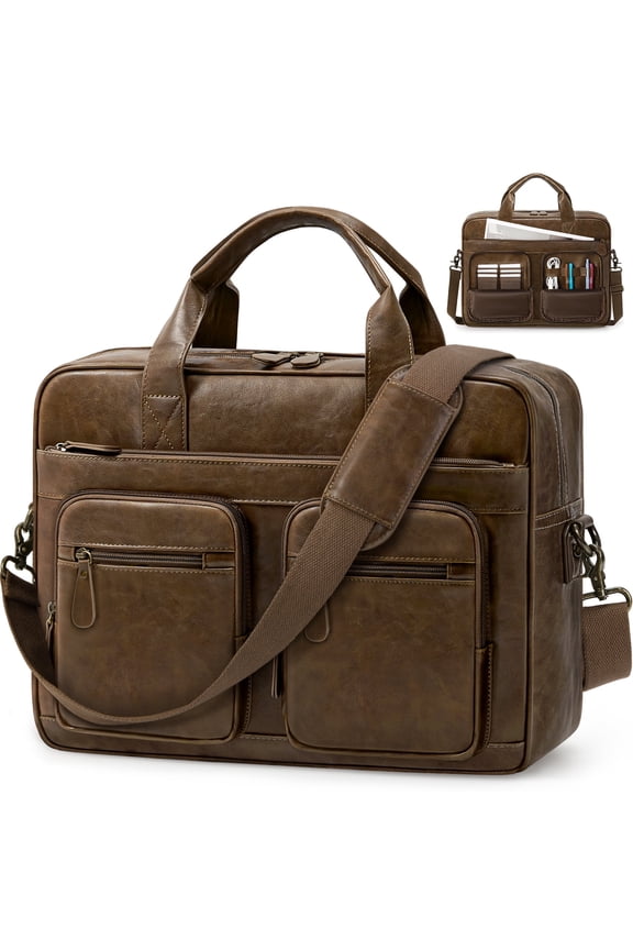 Vintage Messenger Bag for Men PU Vegan Leather Computer Laptop Bag 15.6 Inch Waterproof Briefcases for Men Retro Mens Briefcase Satchel Bag for Work Office Business Travel,Brown