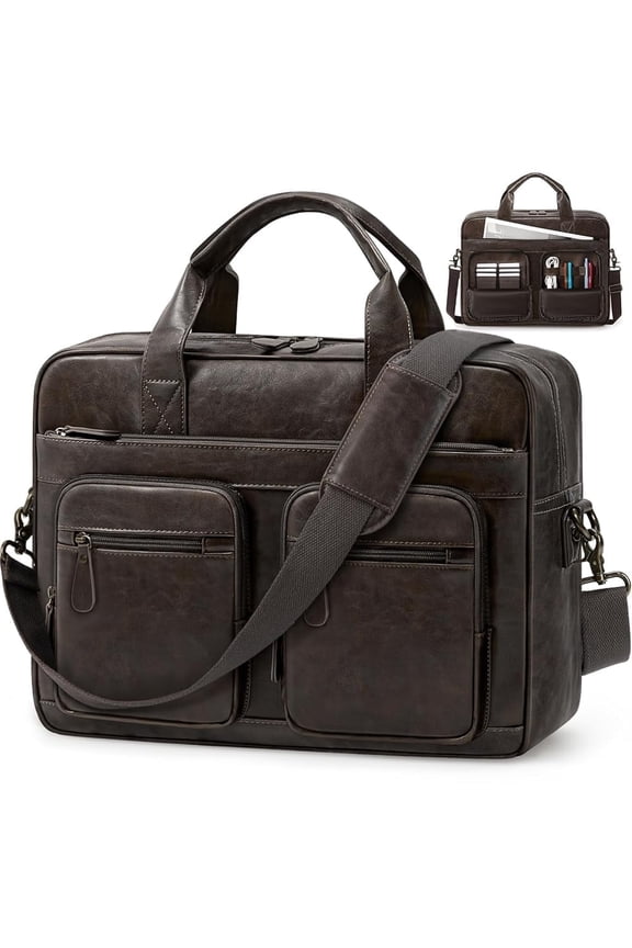 Vintage Messenger Bag for Men PU Vegan Leather Computer Laptop Bag 15.6 Inch Waterproof Briefcases for Men Retro Mens Briefcase Satchel Bag for Work Office Business Travel,Coffee