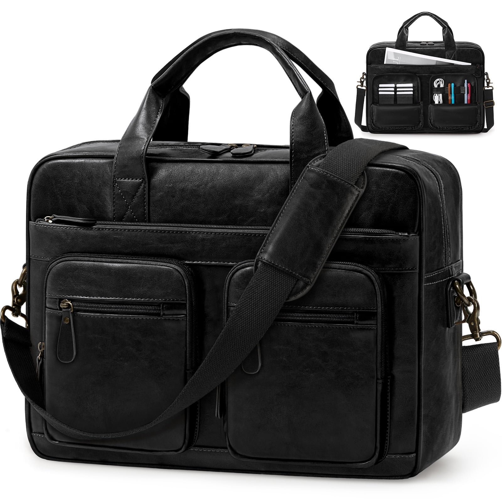 RAINSMORE Vintage Messenger Bag for Men PU Vegan Leather Computer Laptop Bag 15.6 Inch Waterproof Briefcases for Men Retro Mens Briefcase Satchel Bag for Work Office Business Travel,Black