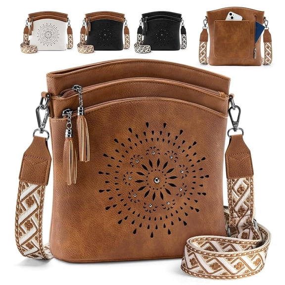 RAINSMORE Women's Leather Crossbody Bag Medium Lightweight Casual Crossbody Purse for Weekend Shopping, Everyday Outings,Brown