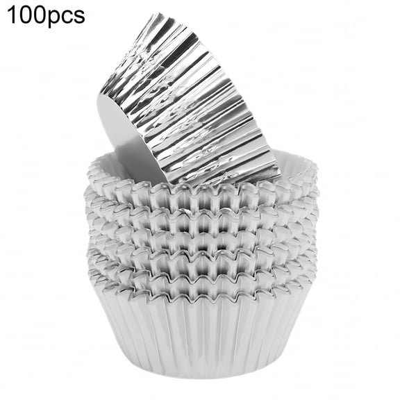 RAIRSKY 100Pcs Cake Cups Grease-Proof Heat Resistant Aluminum Foil Cupcake Liners Wrappers Baking Supplies (Silver)