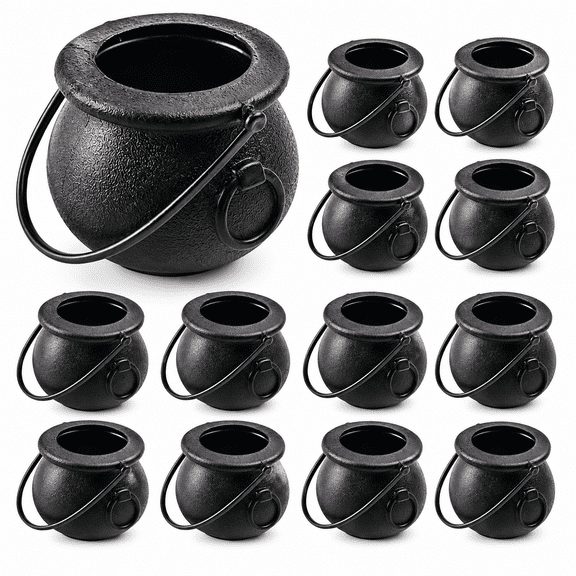 RAIRSKY 12 Pcs Halloween Mini Plastic Cauldron, 12 Pcs Witch Calderon Pot Black Buckets with Handle for Halloween Candy