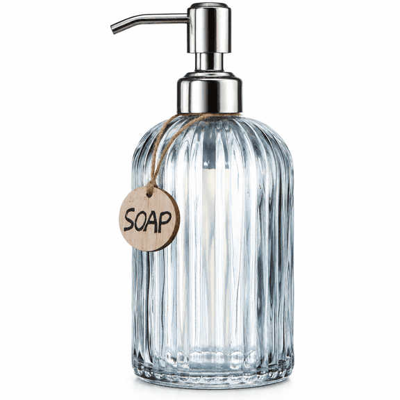 RAIRSKY 18 Oz Vertical Stripes Kitchen Soap Dispenser with 304 Rust Proof Stainless Steel Pump, Refillable Liquid Soap Dispenser for Bathroom, Kitchen, Hand Soap, Dish Soap (Clear Grey)