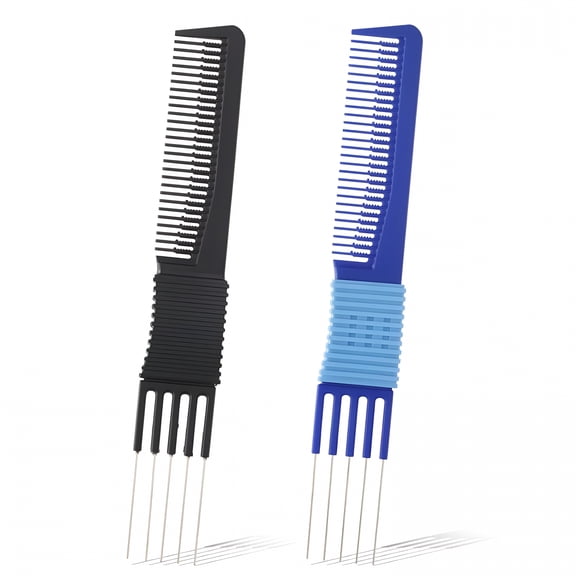 RAIRSKY 2 PCS Comb with Prongs on, Lift Teasing Comb for Fine Hairs, Hair Backcombing Combs, Hair Pick Salon Teasing Metal Pick Lifting Fluffing Combs for Women Men Curly Hairs(Black, Blue)