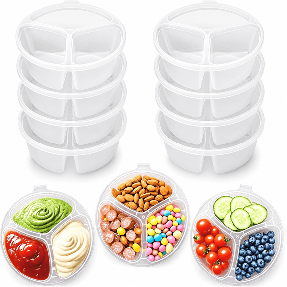 RAIRSKY 2026 New 10Pcs Snack Box Containers,3 Compartment Condiment Containers with Lids,Reusable Small Disposable Snack Pack Container for Lunch,Picnic,Office,Travel
