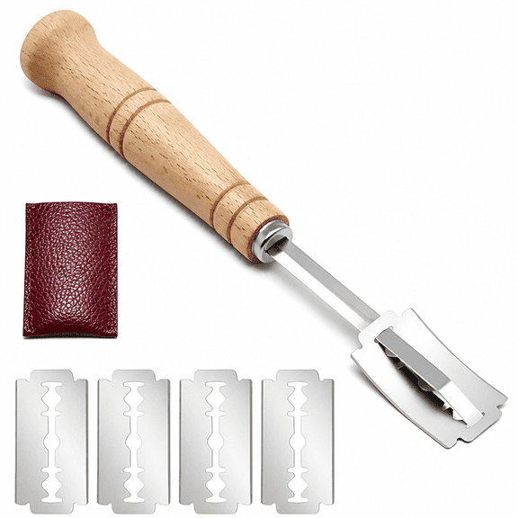 RAIRSKY 2026 New Premium Bread Lame with 4 Blades Wooden Handle, Bread Bakers Lame Slashing Tool, Dough Scoring Knife, for Sourdough Bread Slashing Included Leather Cover