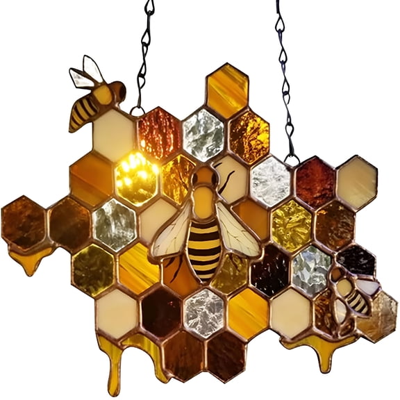 RAIRSKY 2026 New Queen Honey Bee Suncatcher Decor Happy Bee Day Sign Door Hanger Bee Suncatcher Honeycomb Hanging Decor Bumble Bee Hive Decor for Farmhouse Garden Party Supplies