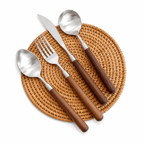 RAIRSKY 2026 New Walnut Wood Style Handle Silverware Set,Wooden Flatware Set,304 Stainless Steel Flatware Cutlery Set,Dinnerware Set (Set of 4) for Home Dining Picnic Kitchen