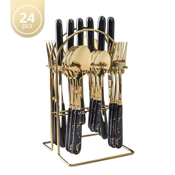 RAIRSKY 24-Piece Stainless Steel Cutlery Set with Elegant Marble Ceramic Handles - Main Dinner Knife,Fork,Spoon,Teaspoon - Luxury Gift Set (Black)