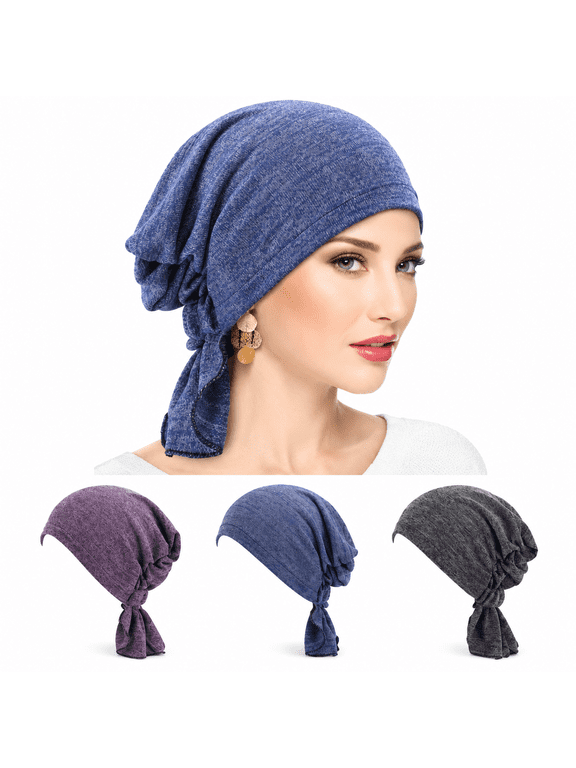 3 Pack Pre Tied Head Scarves for Women Slip On Chemo Turban Hats Headwrap Caps for Cancer Hair Cover Purple Navy Black