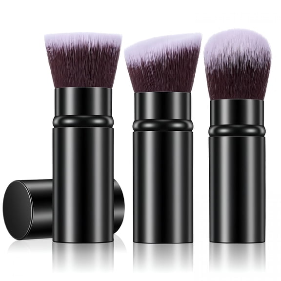 RAIRSKY 3 Pack Retractable Makeup Brush,Travel Kabuki Foundation Brush Portable Powder Foundation Brushes Face Blush Brushes for Blending Liquid Blush Bronzer Buffing Sunscreen Concealing