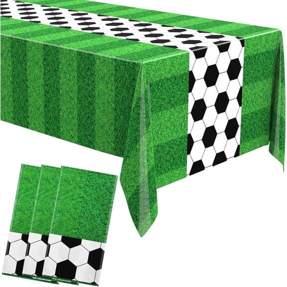 RAIRSKY 3 Pcs Soccer Party Tablecloths Soccer Theme Football Field Tablecloth Disposable Plastic Table Cover Supplies Rectangular Game Day for Tailgate Sports Party 54 x 108 Inches