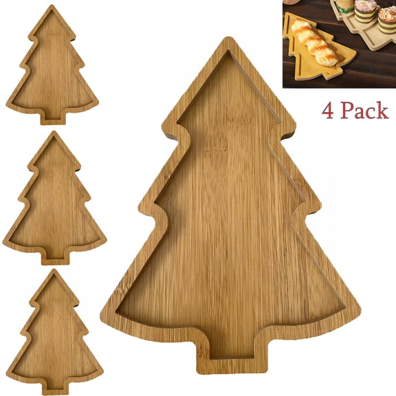 RAIRSKY 4 Pack Wooden Serving Tray Christmas Tree Tray Plate Christmas Tree Board for Restaurant Home