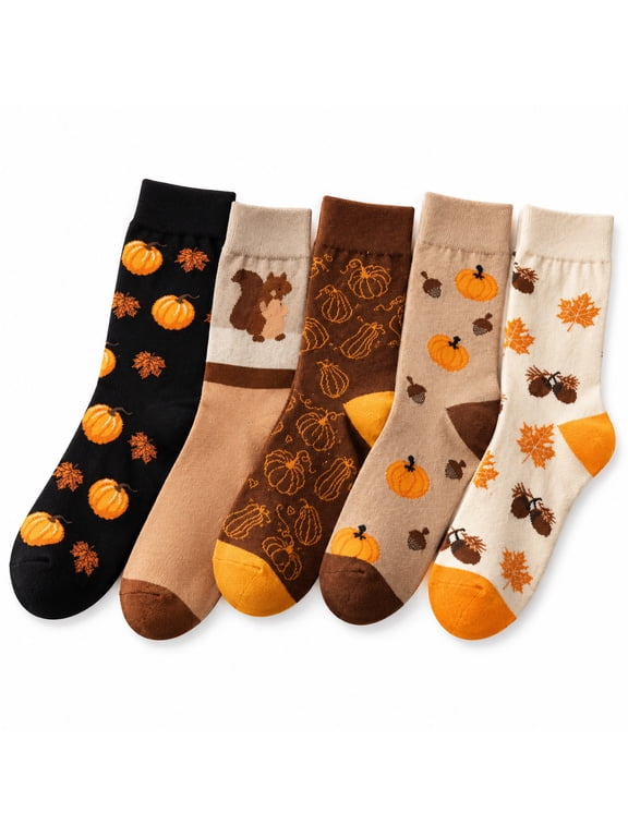 5 Pairs Fall Harvest Crew Socks, Autumn Themed Mid-Calf Casual Socks with Pumpkin Maple Leaf Squirrel Prints, Soft Breathable Seasonal Socks for Women Men