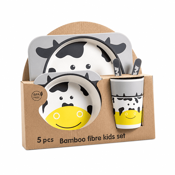 RAIRSKY 5Pcs/Set Bamboo Kids Dinnerware Set - Children Dishes - BPA Free Food Plate Bowl Cup Spoon Fork Set Dishware,Cartoon Tableware - Lion