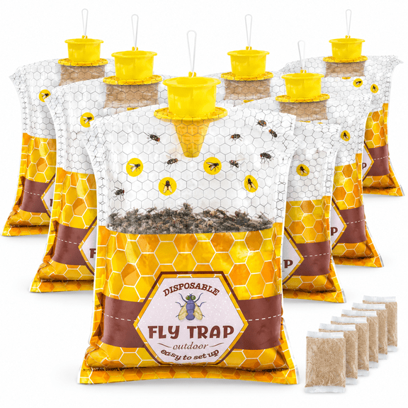 RAIRSKY 6 Pack Big Fly Traps Outdoor Hanging for Patio,Flies Bags Outdoor Disposable with 50G Bait,Bug Fly Hunter Catcher Killer Control for Barn Horse Ranch Chicken Coop