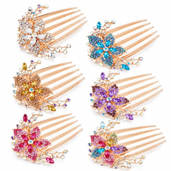 RAIRSKY 6 Pack Luxury Glitter Sparkly Jeweled Gems Rhinestones Decorative Gold Metal Hair Side Combs Slides with Teeth Hair Bun Clips Updo Accessories Crystal Flower Hair Pin Barrettes