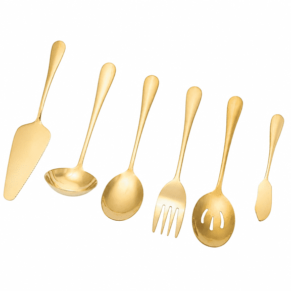 RAIRSKY 6-Piece Serving Flatware Silverware Set,Serving Utensil Set,Include Cake Server,Slotted Serving Spoon Gold