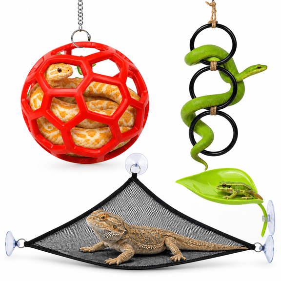 RAIRSKY 7-In-1 Snake Enclosure Accessories Enrichment,Climbing Rings,Climbing Ball with Chain&Suction Cups,Mesh Hammock,Artificial Ivy&Large Leaf Habitat for Ball Python,Corn Snake and Reptiles