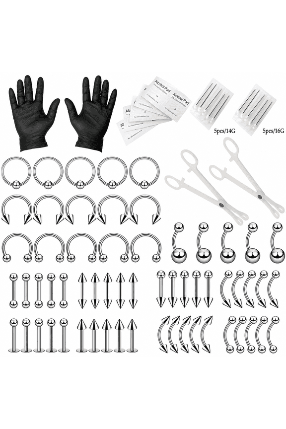 84PCS Piercing Jewelry Kit Pro Piercing Kit 316L Stainless Steel Body Septum Piercing Kit 16G Belly Ring Tongue Tragus Nipple Nose Eyebrow Piercing Tools