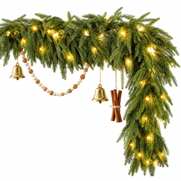 RAIRSKY 9 Ft Real Touch Norfolk Pine Garland,Christmas Garland with Lights Timer 180 Branch Tips Cedar Garlands Realistic Soft Thick Artificial Faux Greenery Garland for Home Table Mantle Stair