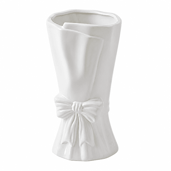 RAIRSKY Bow Vase for Flowers,Ceramic Vase with Bow,Cute Flower Vases for Bouquet,Flower Vase with Bow,Bow Room Decor,White Bow Flower Vase for Valentine Day Gift-B-Large-White