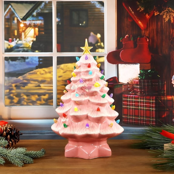 RAIRSKY Christmas Ornaments Small Ceramic Christmas Tree with Lights Hand Painted Vintage Tabletop Christmas Tree Holiday Decoration with Multi Color Lights Green Christmas Tree Ceramic Lighted
