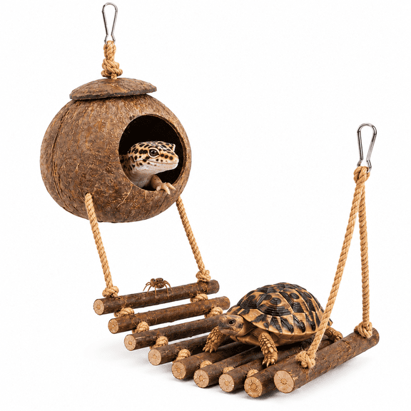 RAIRSKY Crested Gecko Coconut Hide with Ladder,Natural Reptile Hideout and Lizard Shelter Hanging Reptile Hideout Coconut Shell Hut for Lizard Tank Accessories,Terrarium Cave for Leopard Gecko