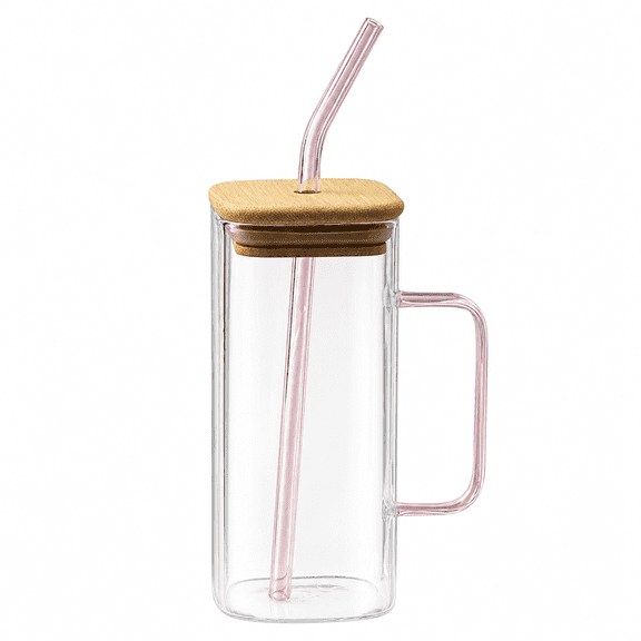 RAIRSKY Glass Drinking Cup 40 oz Square Glass Tumbler with Handle Clear Coffee Cups with Lids and Straws Portable Water Bottles Milk Jar Can Hold Various Beverages
