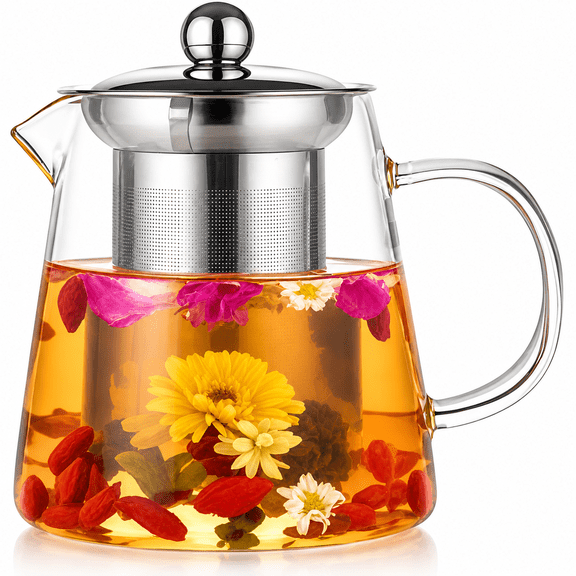 RAIRSKY Glass Teapot with Stainless Steel Infuser, Borosilicate Tea Kettle, Clear Tea Maker for Loose Leaf Tea (550Ml)