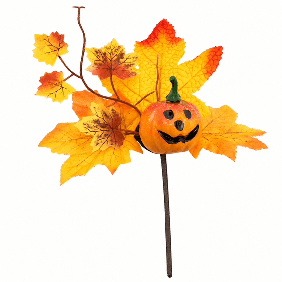 RAIRSKY Halloween Pumpkin Picks with Maple Leaves-10in Fall Decor Stems,Spooky Party Supplies,Autumn Table Centerpiece,Thanksgiving Harvest Decorations,Plastic Pumpkin Sticks (Orange)