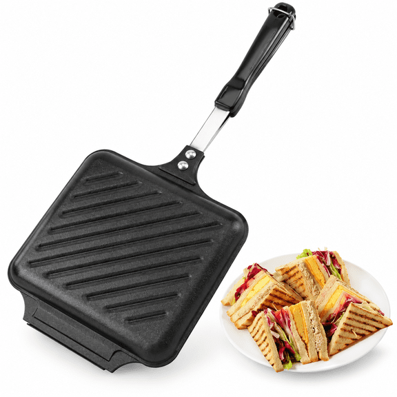 RAIRSKY Hot Sandwich Maker,Grilled Panini Maker Non-Stick Double Sided Flip Panini Press Pan with Handle,Stovetop Toasted Sandwich Maker Press for Small Bread Pancake,For Kitchen,Breakfast