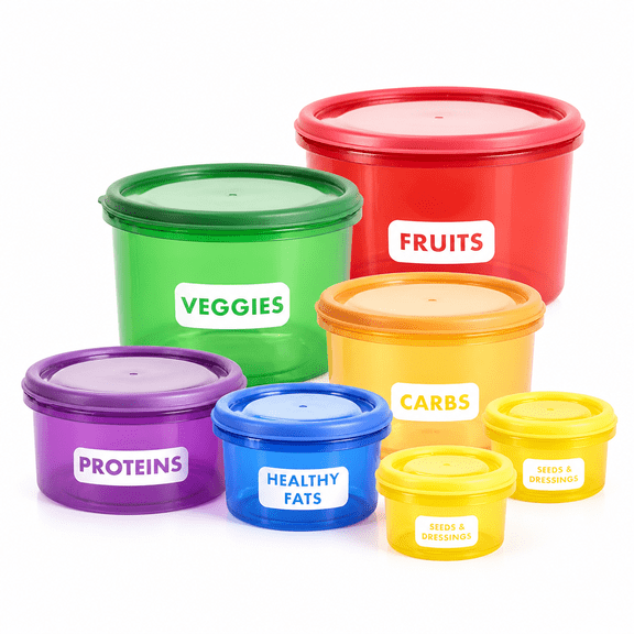 RAIRSKY Portion Control Containers,Food Storage and Meal Prep Containers for Weight Loss Program,BPA Free,Reusable,Locking Lids,Color-Coded,7 Piece Kit